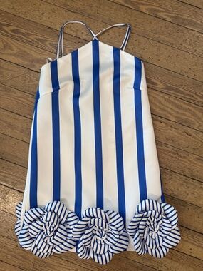 Leo Lin Blue and White Striped halterneck Dress with Floral Hem, new with tags,